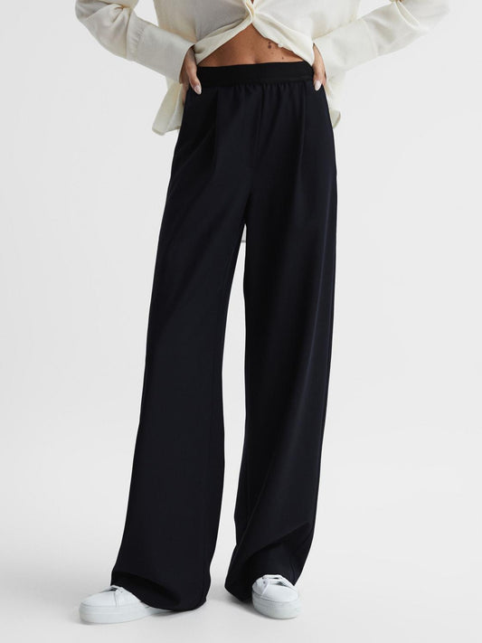 Reiss Trousers | Lena Logo Pull On Wide Leg Trousers Navy - Women