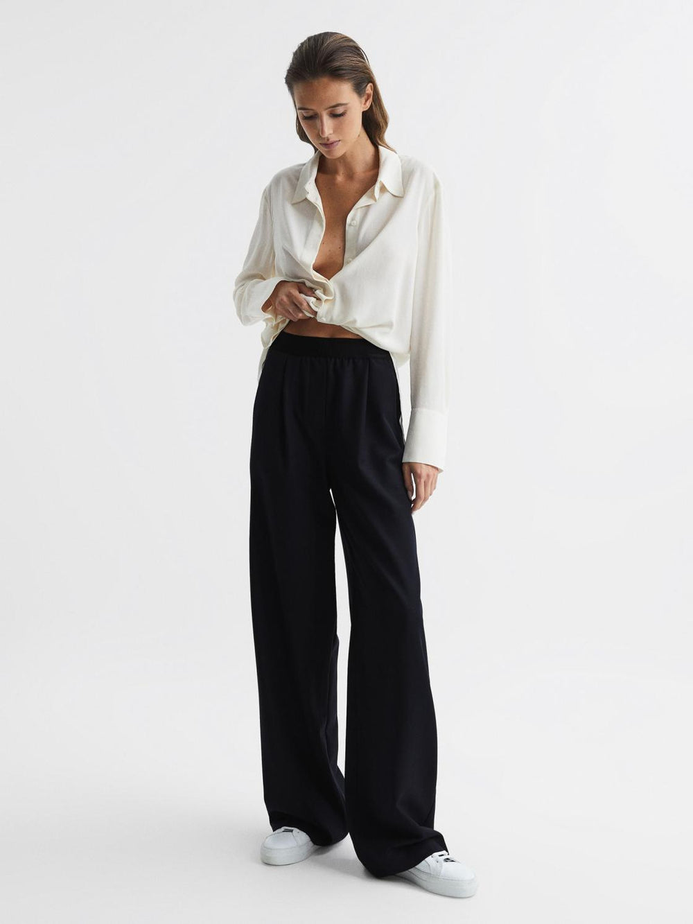 Reiss Trousers | Lena Logo Pull On Wide Leg Trousers Navy - Women