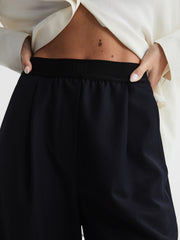 Reiss Trousers | Lena Logo Pull On Wide Leg Trousers Navy - Women