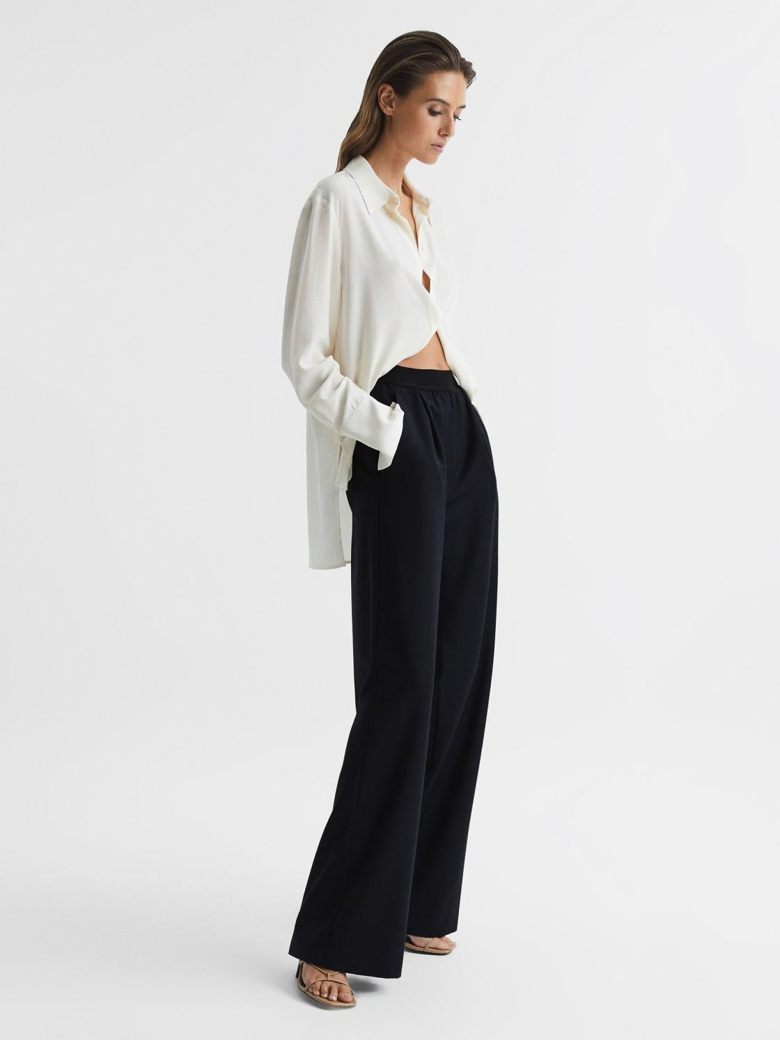 Reiss Trousers | Lena Logo Pull On Wide Leg Trousers Navy - Women