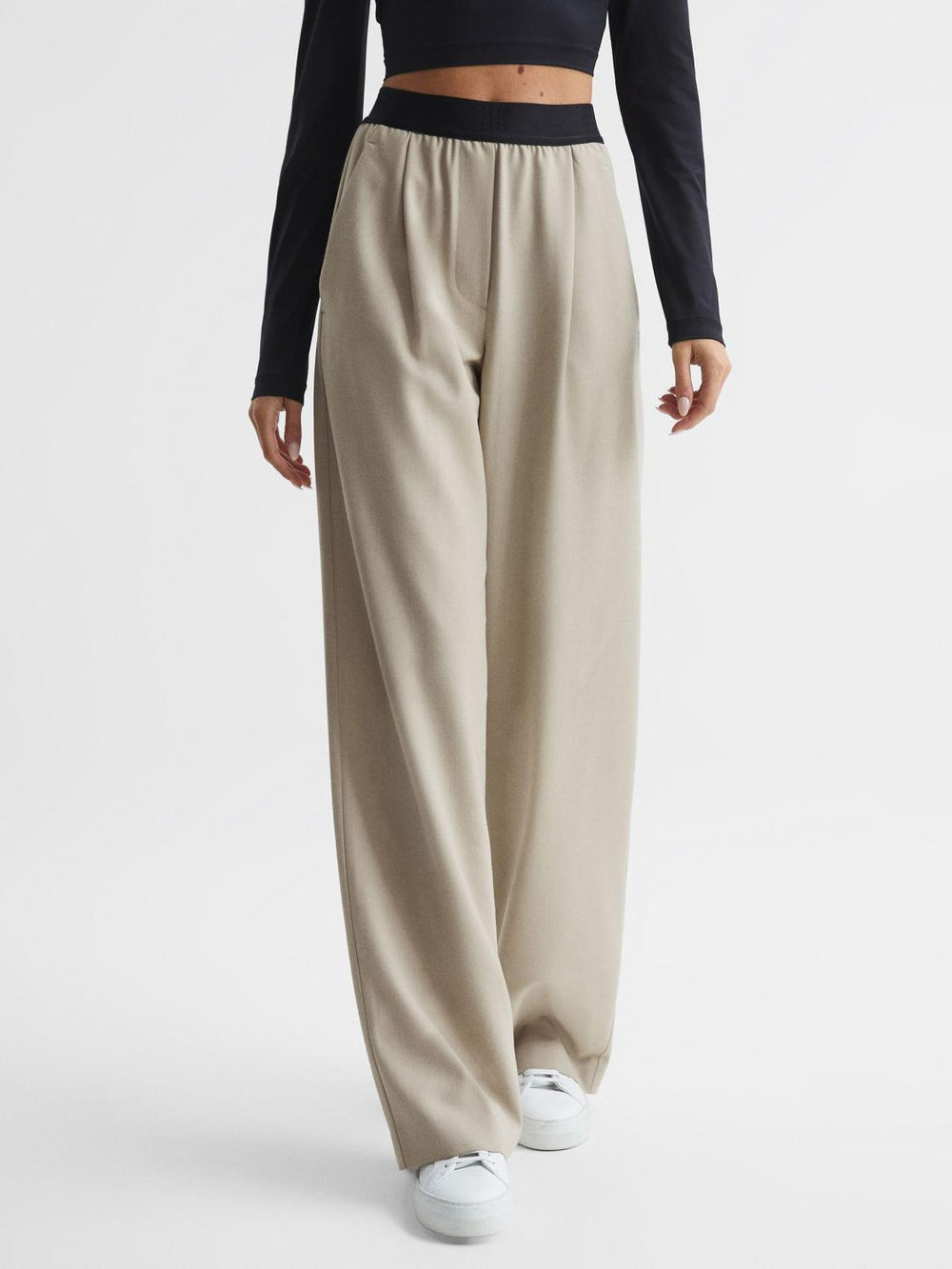Reiss Trousers | Lena Logo Pull On Wide Leg Trousers Stone - Women