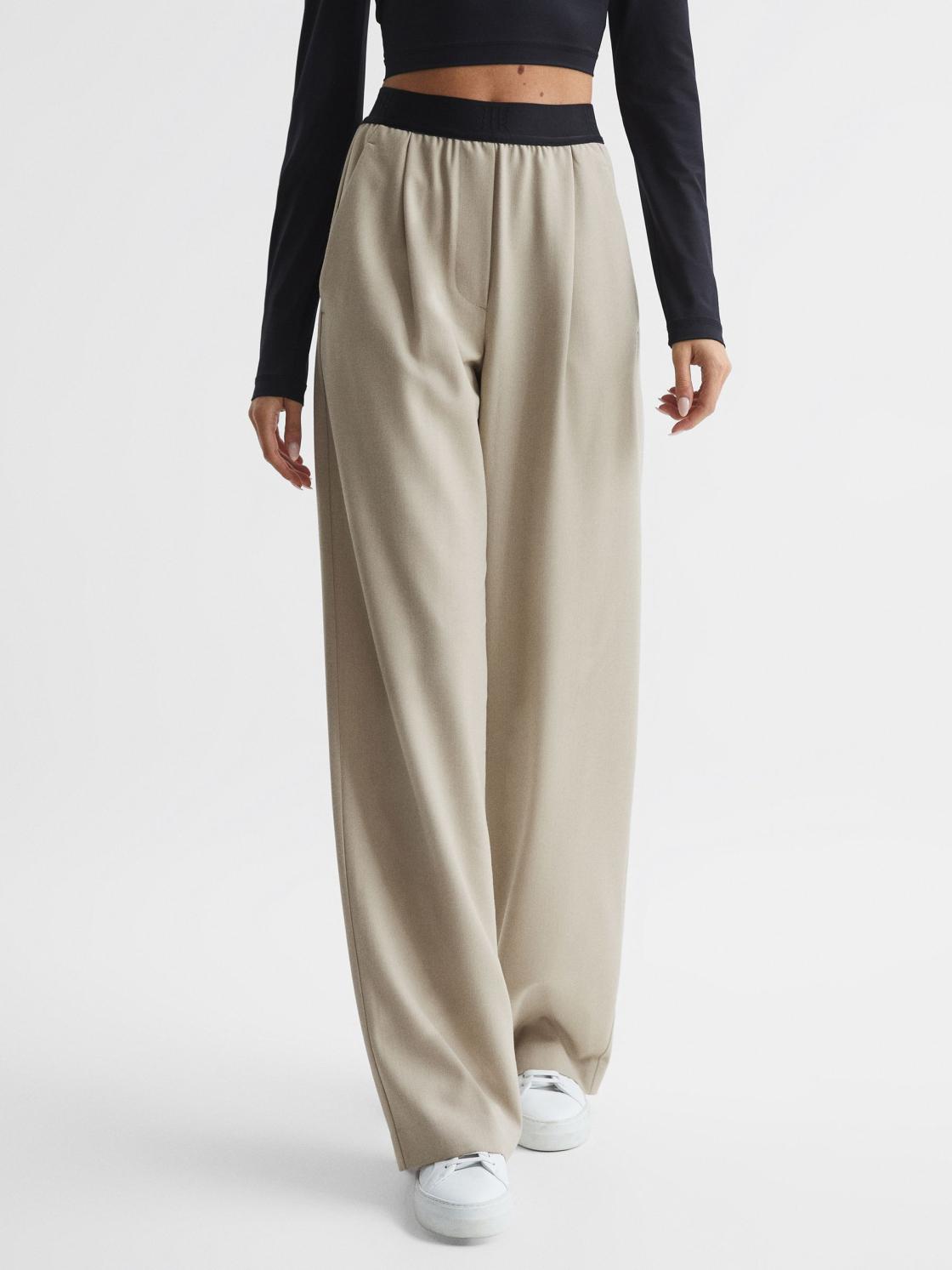 Reiss Trousers | Lena Logo Pull On Wide Leg Trousers Stone - Women