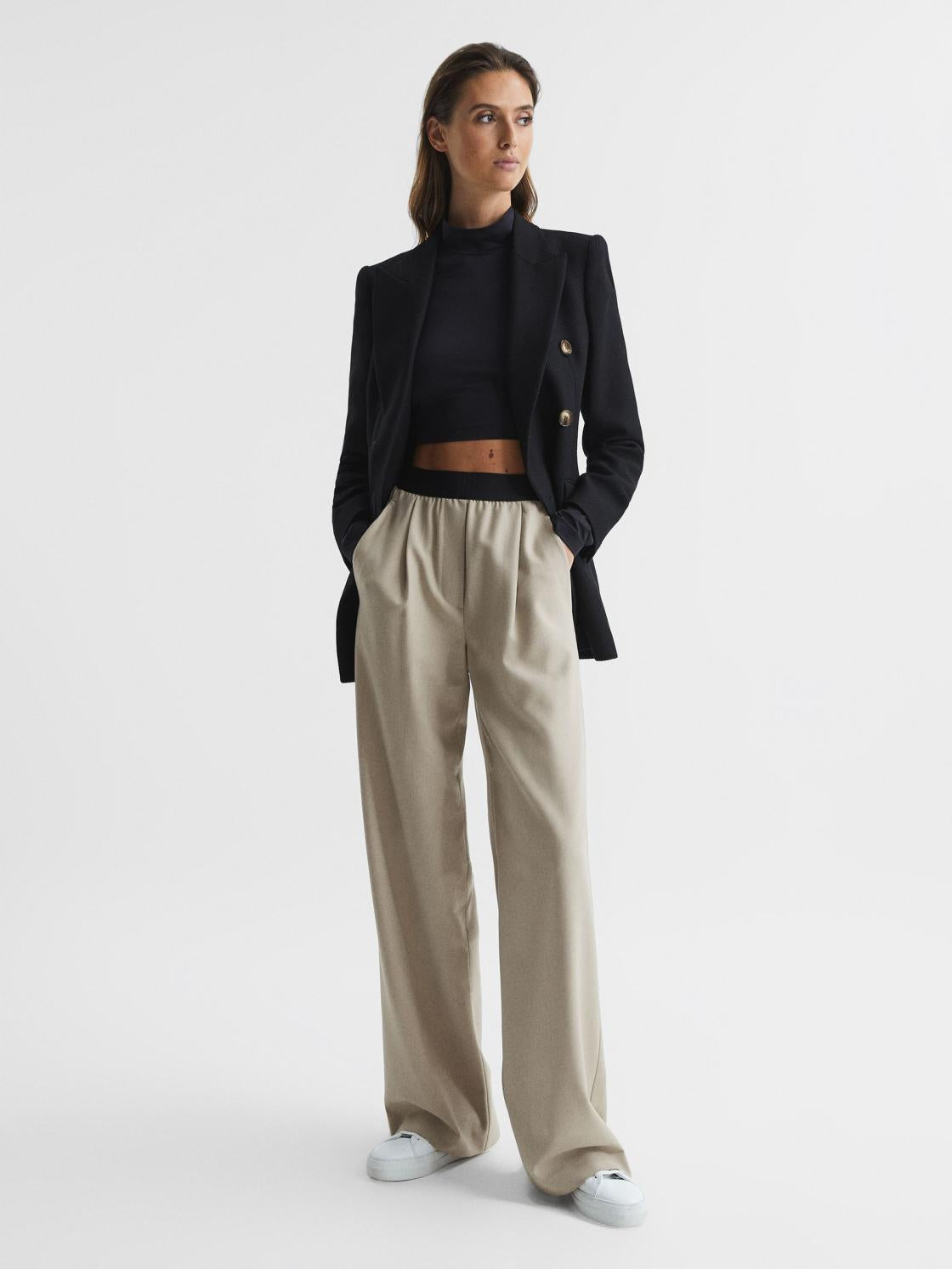 Reiss Trousers | Lena Logo Pull On Wide Leg Trousers Stone - Women