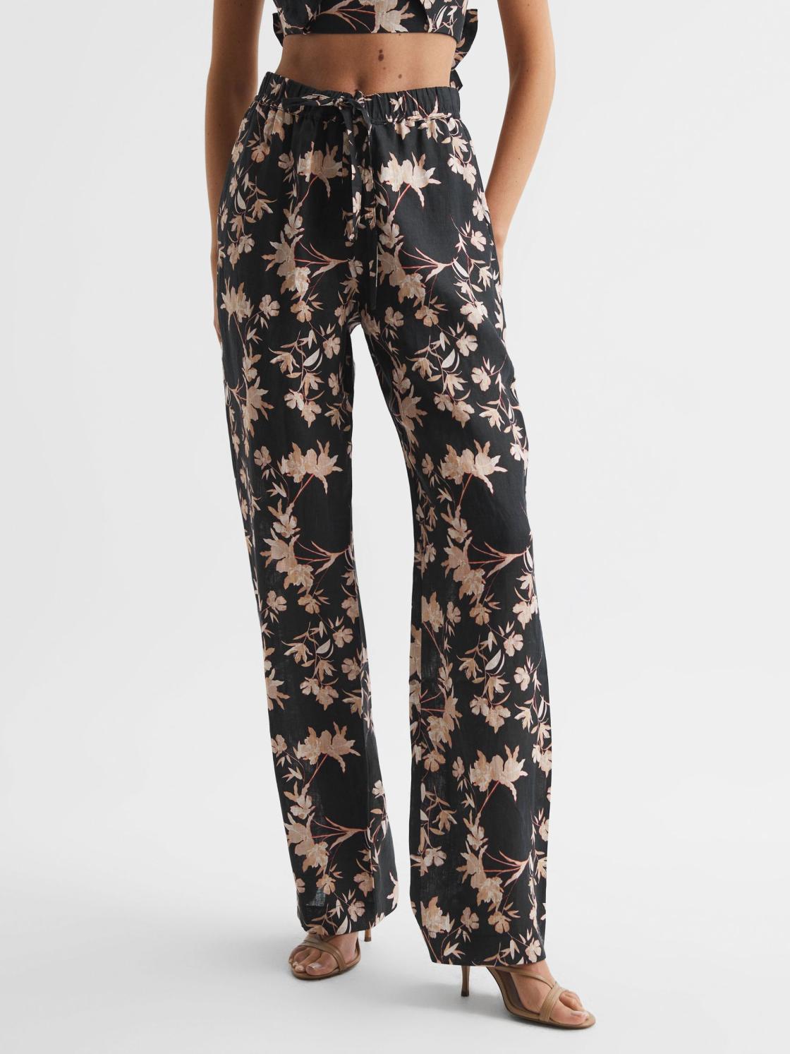 Reiss Trousers | Leo Printed Wide Leg Linen Trousers Black Print - Women