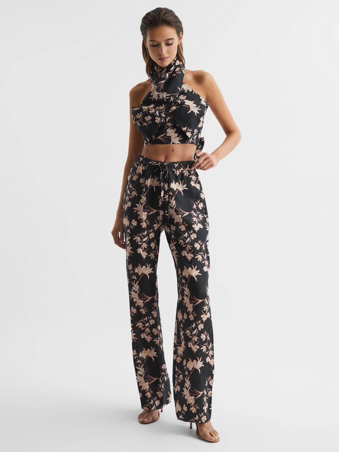 Reiss Trousers | Leo Printed Wide Leg Linen Trousers Black Print - Women