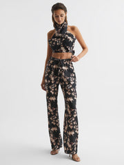 Reiss Trousers | Leo Printed Wide Leg Linen Trousers Black Print - Women