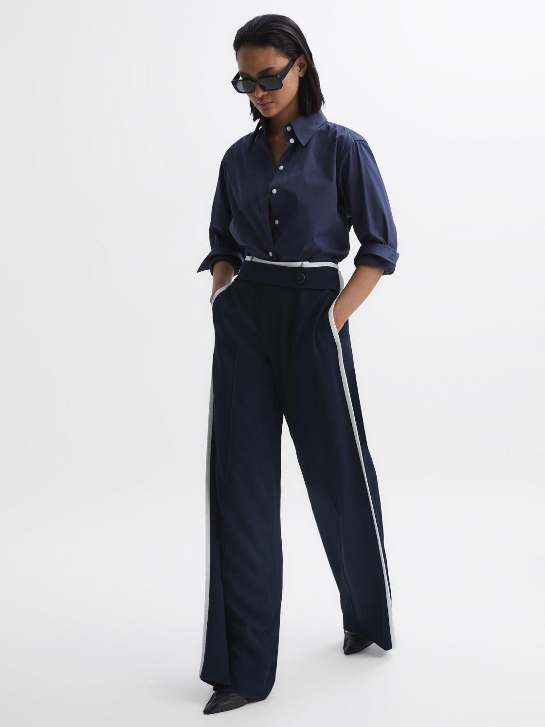 Reiss Trousers | Lina High Rise Wide Leg Trousers Navy - Women