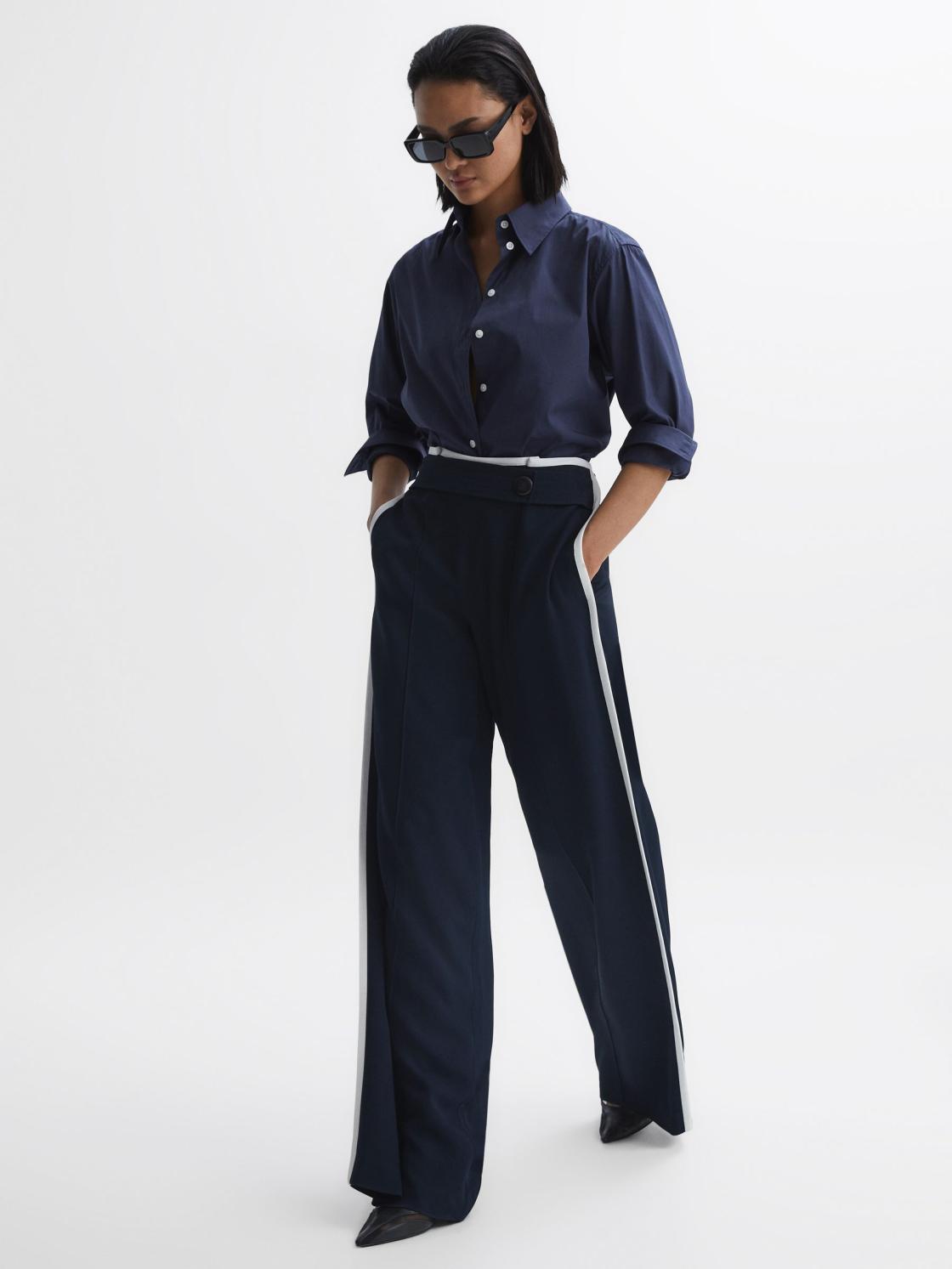 Reiss Trousers | Lina High Rise Wide Leg Trousers Navy - Women