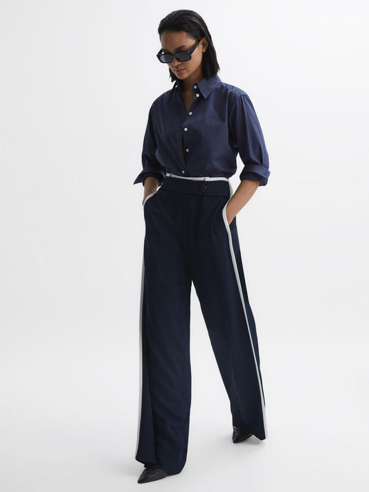 Reiss Trousers | Lina High Rise Wide Leg Trousers Navy - Women
