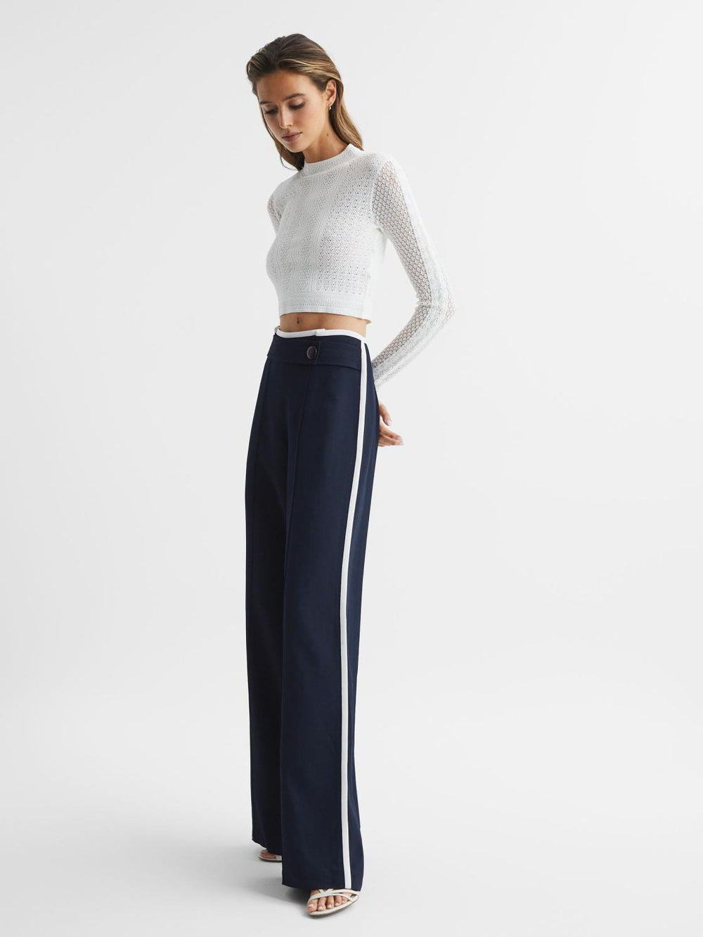Reiss Trousers | Lina High Rise Wide Leg Trousers Navy - Women