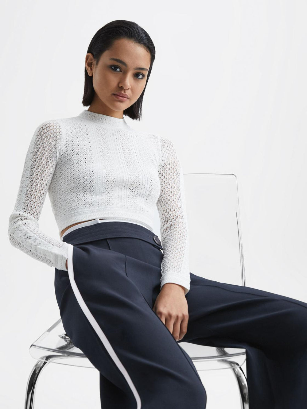 Reiss Trousers | Lina High Rise Wide Leg Trousers Navy - Women