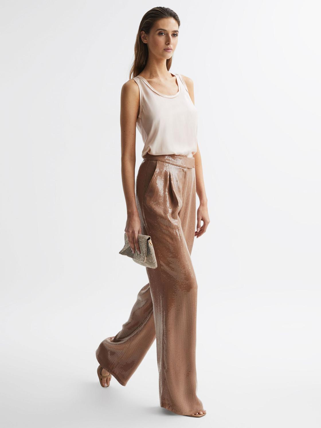 Reiss Trousers | Lizzie Sequin Wide Leg Trousers Nude - Women