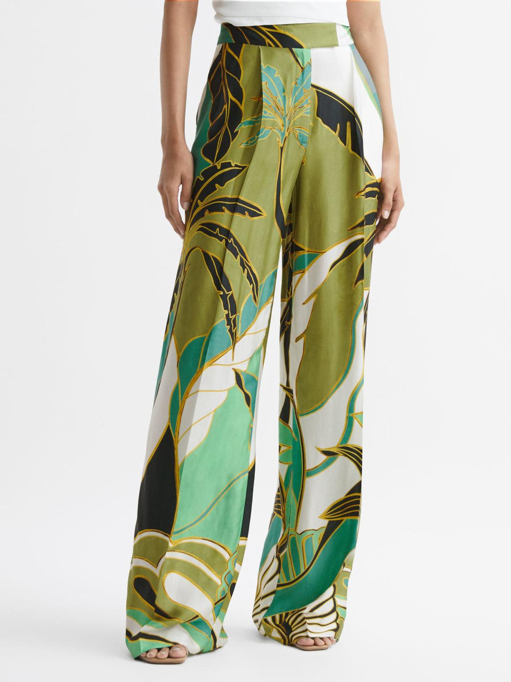 Reiss Trousers | Luna Wide Leg Mid Rise Printed Trousers Green Print - Women