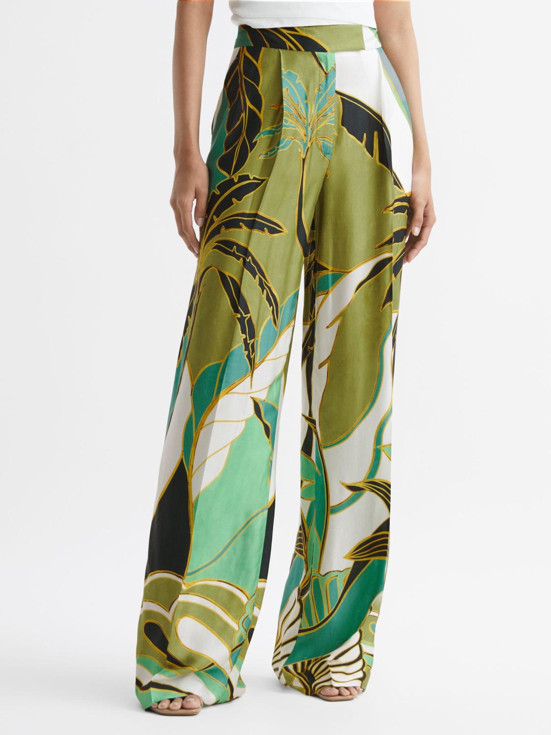 Reiss Trousers | Luna Wide Leg Mid Rise Printed Trousers Green Print - Women