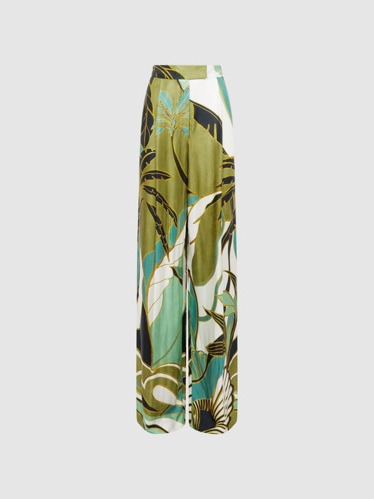 Reiss Trousers | Luna Wide Leg Mid Rise Printed Trousers Green Print - Women