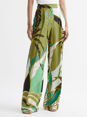 Reiss Trousers | Luna Wide Leg Mid Rise Printed Trousers Green Print - Women