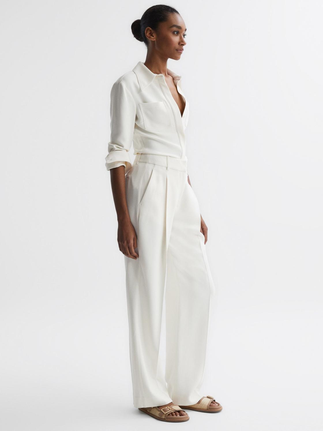 Reiss Trousers | Natalia Wide Leg Pleated Trousers Cream - Women