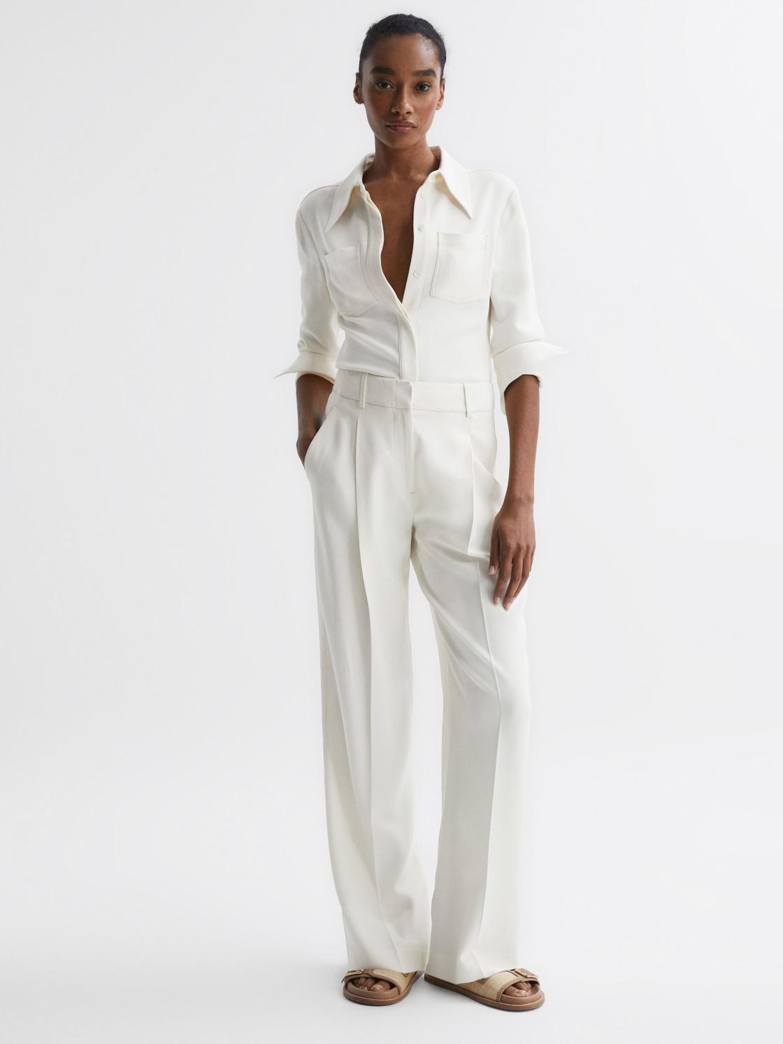 Reiss Trousers | Natalia Wide Leg Pleated Trousers Cream - Women