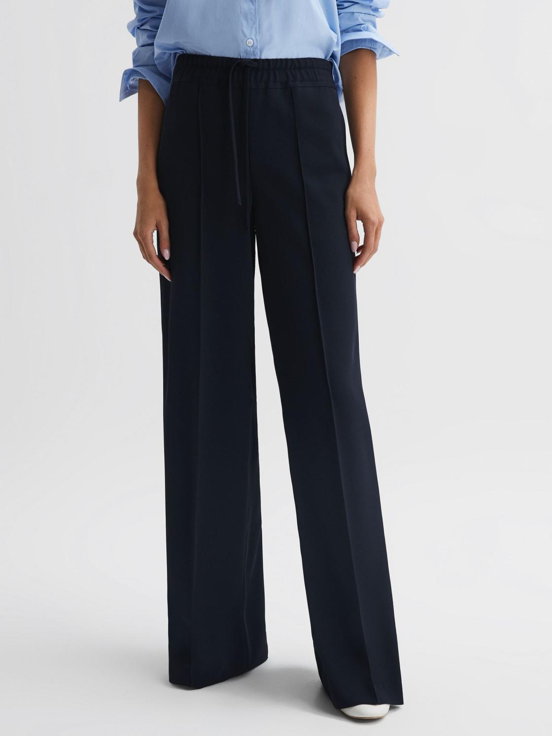 Reiss Trousers | Rosalyn Wide Leg Drawstring Trousers Navy - Women