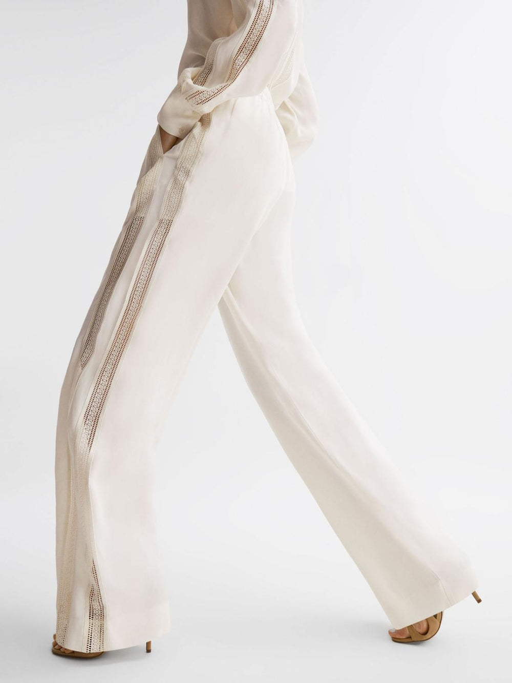 Reiss Trousers | Rowan Wide Leg Lace Trousers Cream - Women