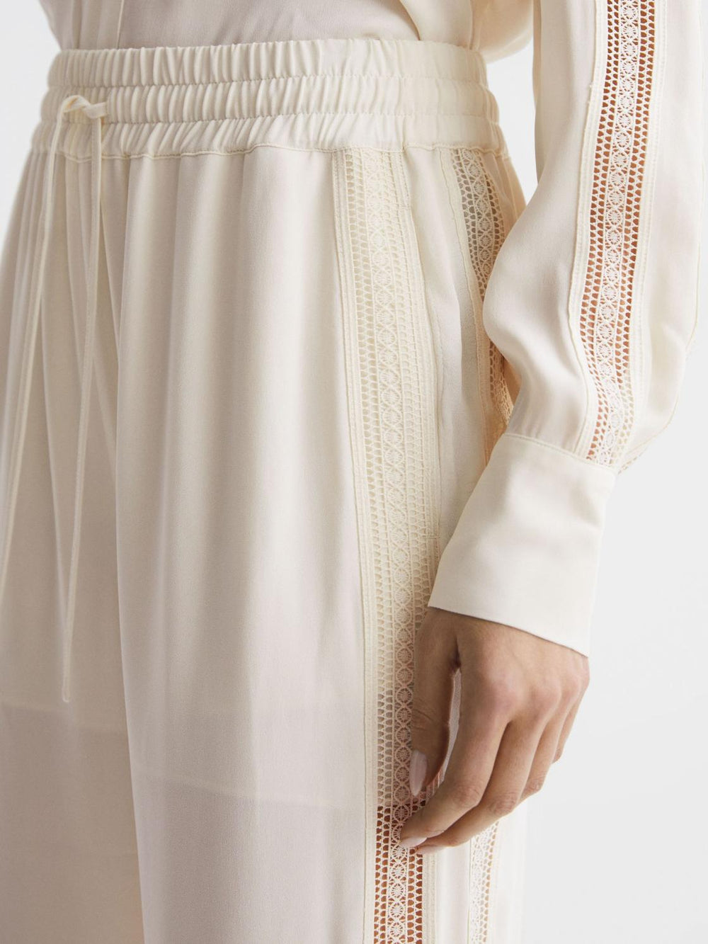 Reiss Trousers | Rowan Wide Leg Lace Trousers Cream - Women