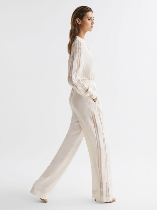 Reiss Trousers | Rowan Wide Leg Lace Trousers Cream - Women