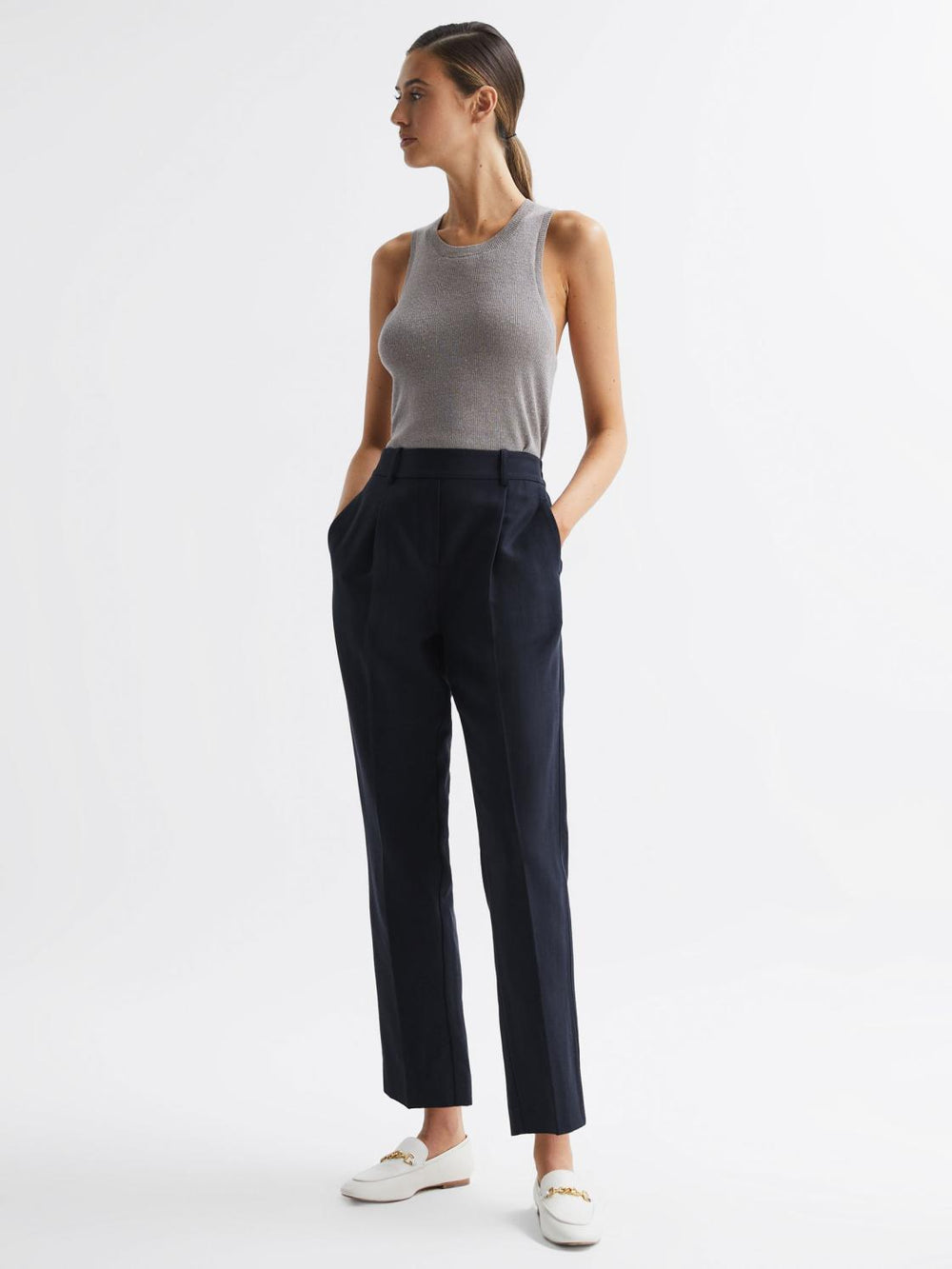 Reiss Trousers | Shae Taper Tapered Linen Trousers Khaki - Women