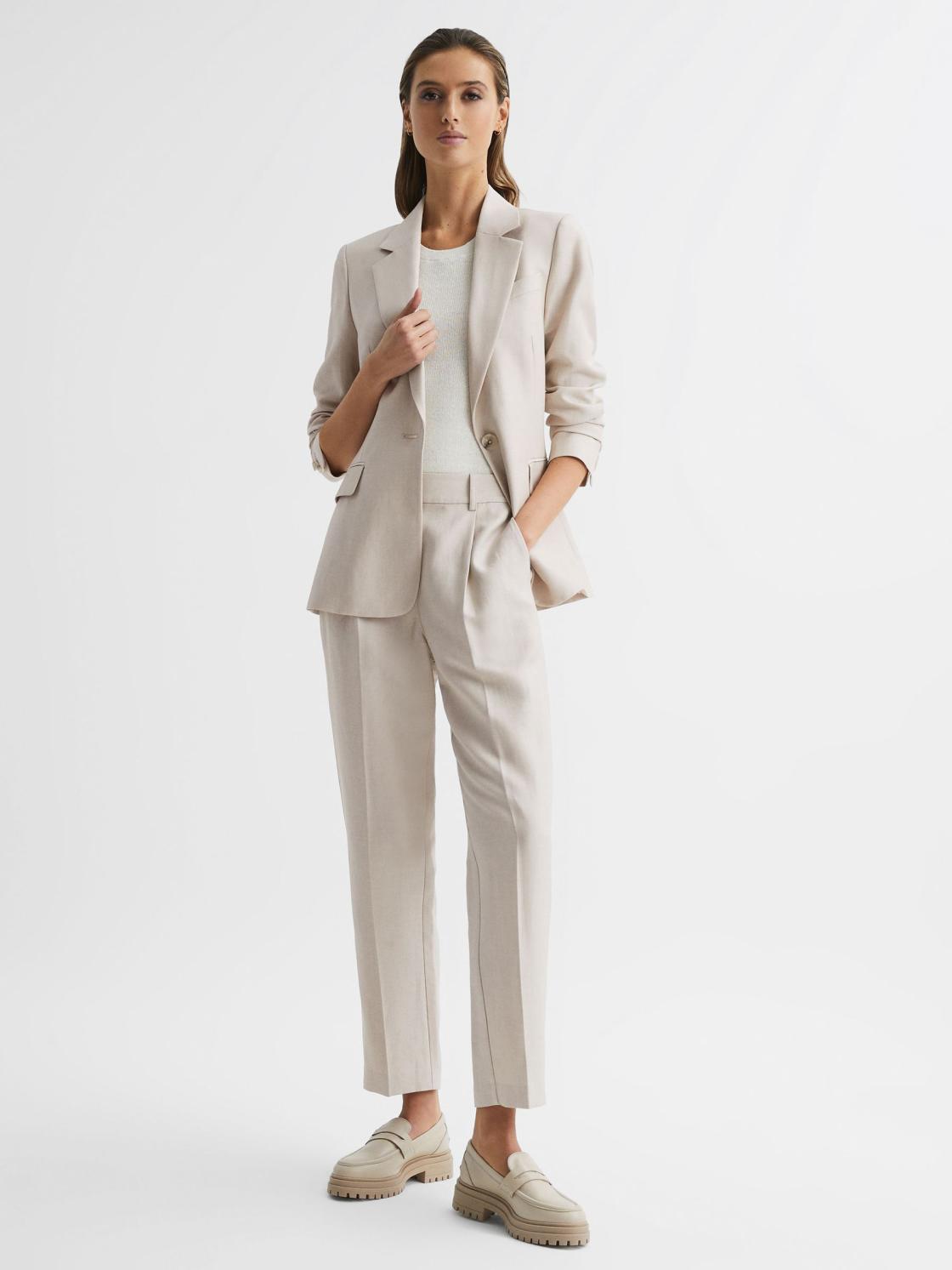 Reiss Trousers | Shae Taper Tapered Linen Trousers Oatmeal - Women