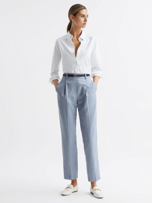 Reiss Trousers | Shae Taper Tapered Linen Trousers Pale Blue - Women