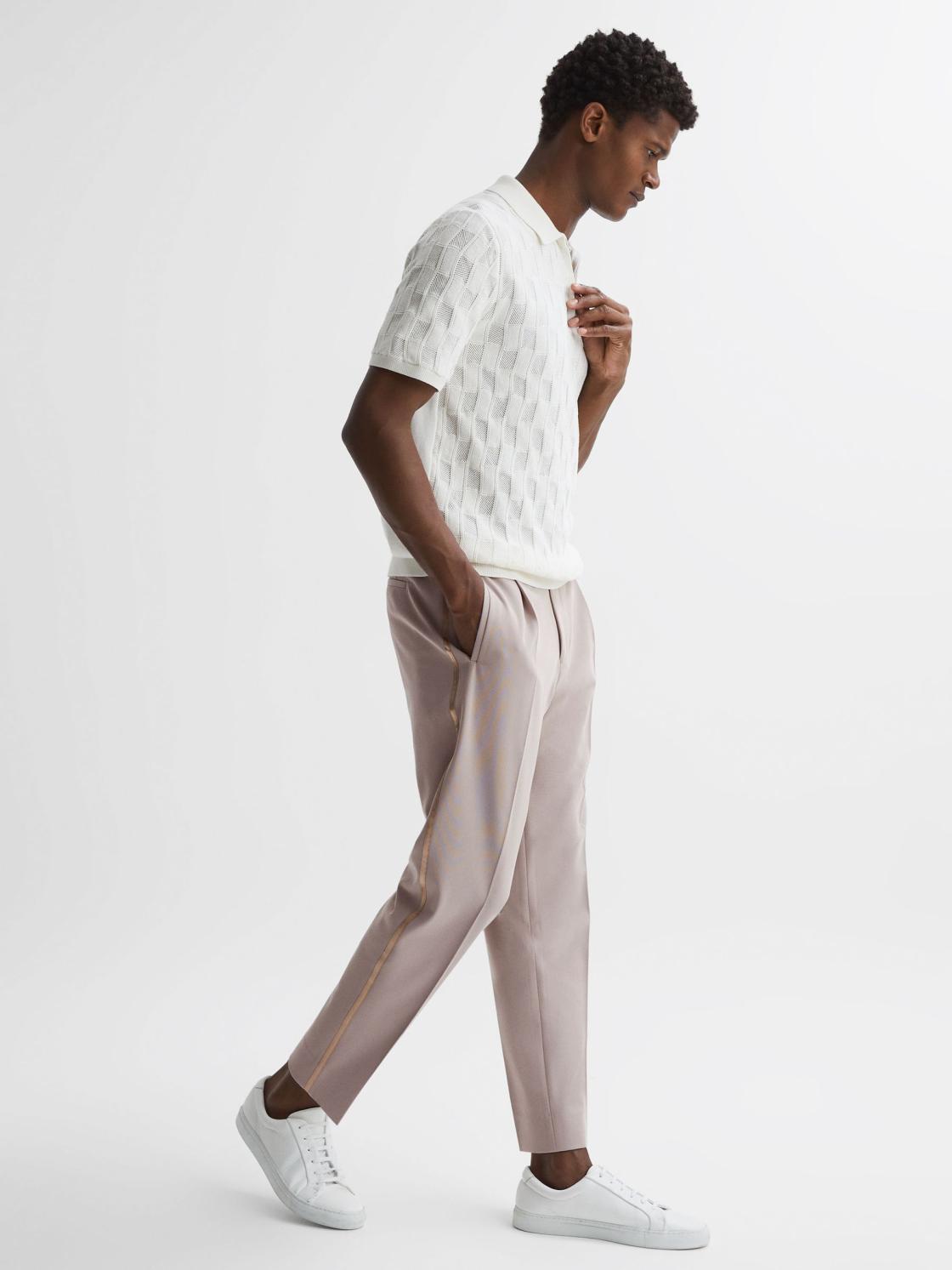 Reiss Trousers | Straight Relaxed Fit Striped Cropped Trousers Ivory - Men