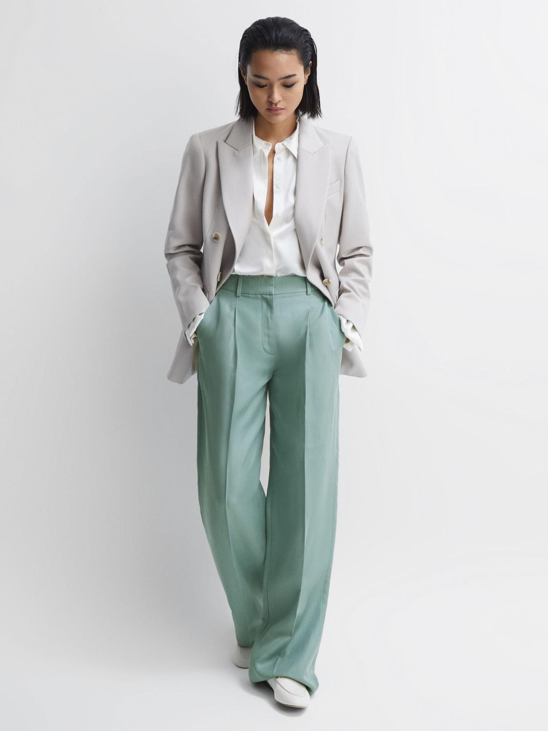 Reiss Trousers | Talia Linen Blend Wide Leg Trousers Teal - Women