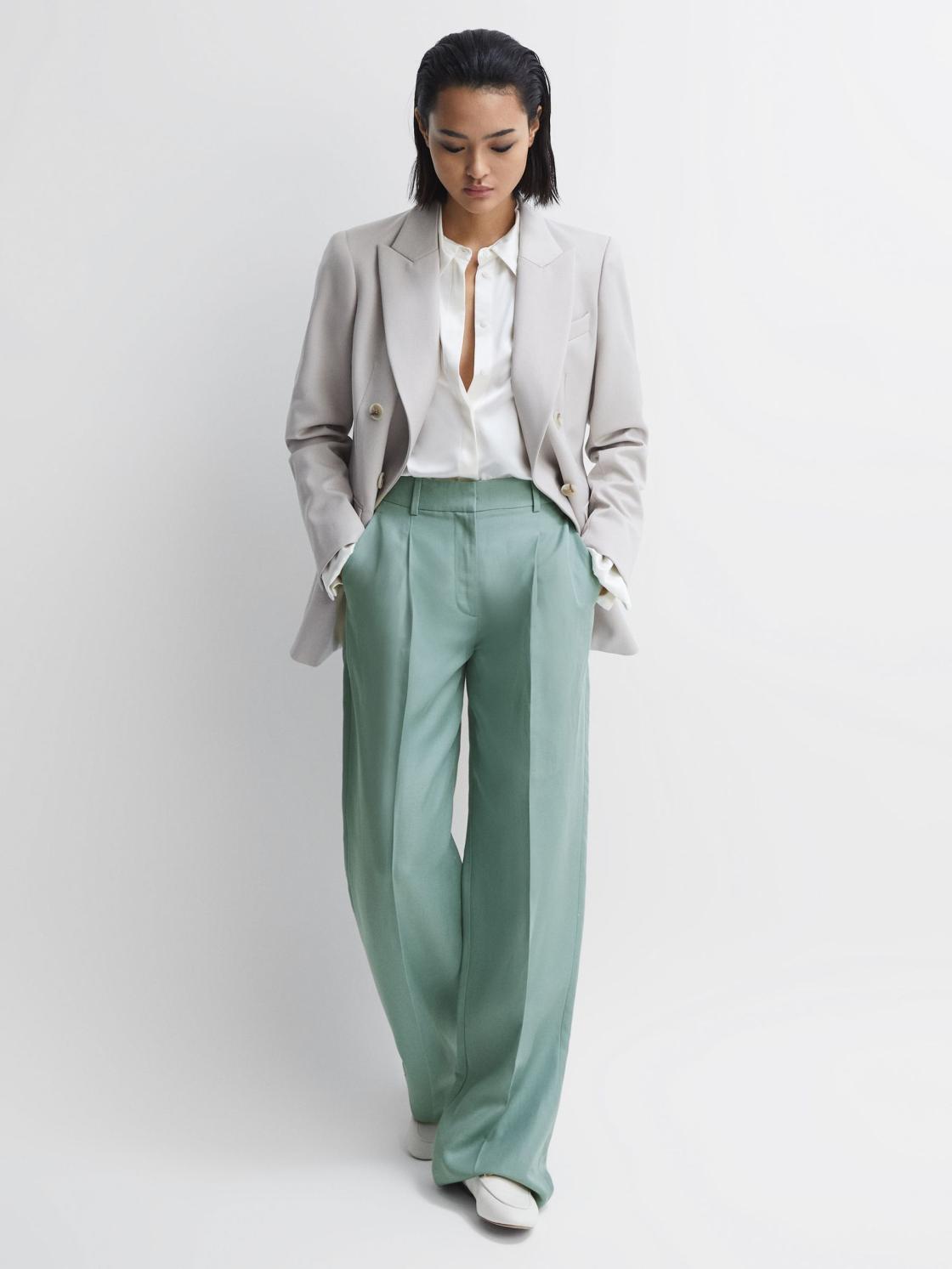 Reiss Trousers | Talia Linen Blend Wide Leg Trousers Teal - Women