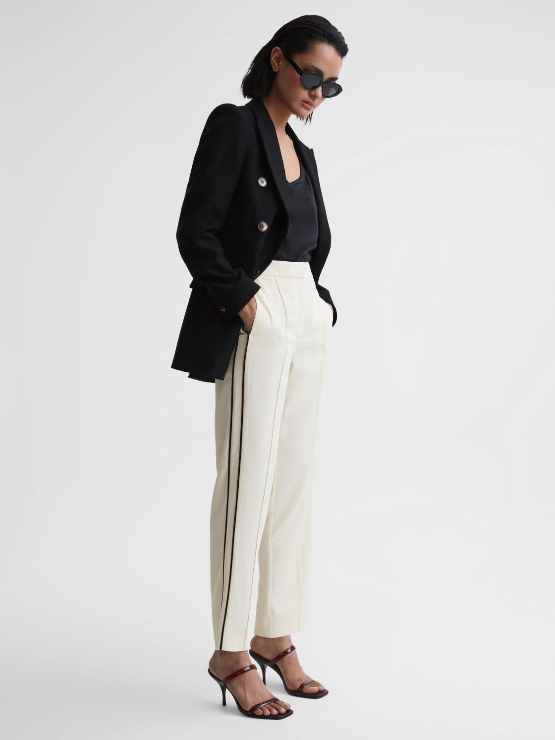 Reiss Trousers | Theo Taper Tapered Fit Side Stripe Trousers Cream - Women