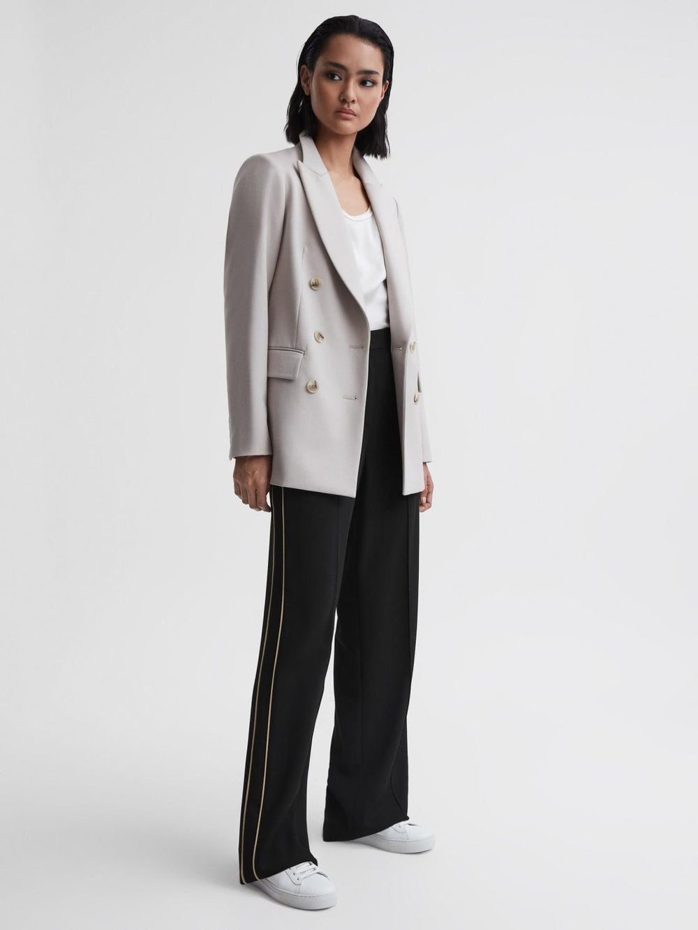 Reiss Trousers | Theo Wide Wide Leg Side Stripe Trousers Black - Women
