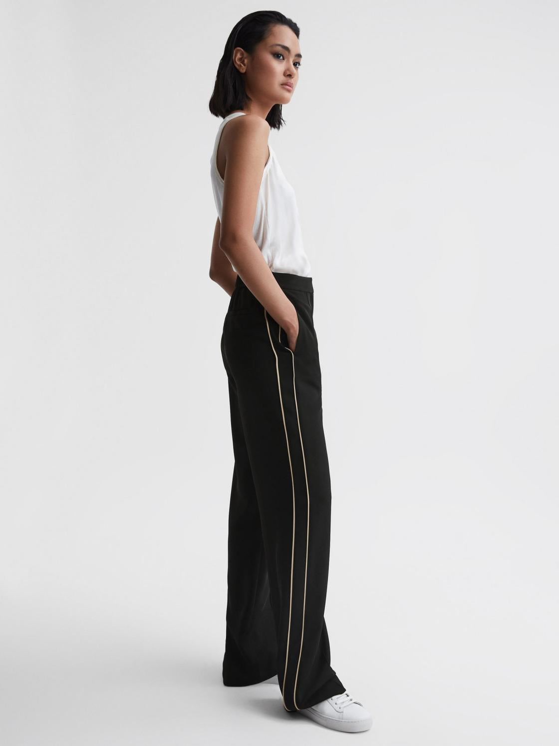 Reiss Trousers | Theo Wide Wide Leg Side Stripe Trousers Black - Women